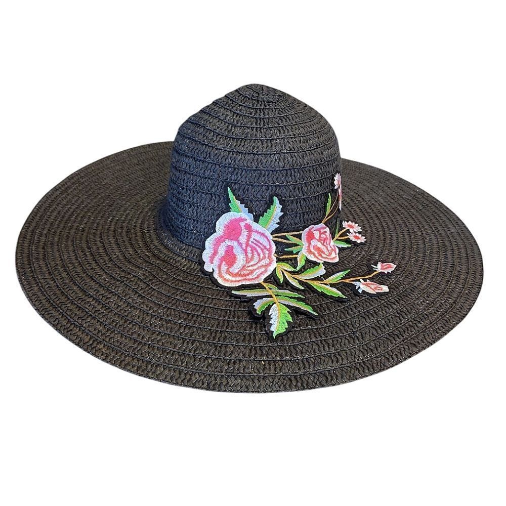 Y2K‎ Black with Pink Floral Embroidered Applique Oversized Straw Floppy Hat NWOT - Picture 8 of 11
